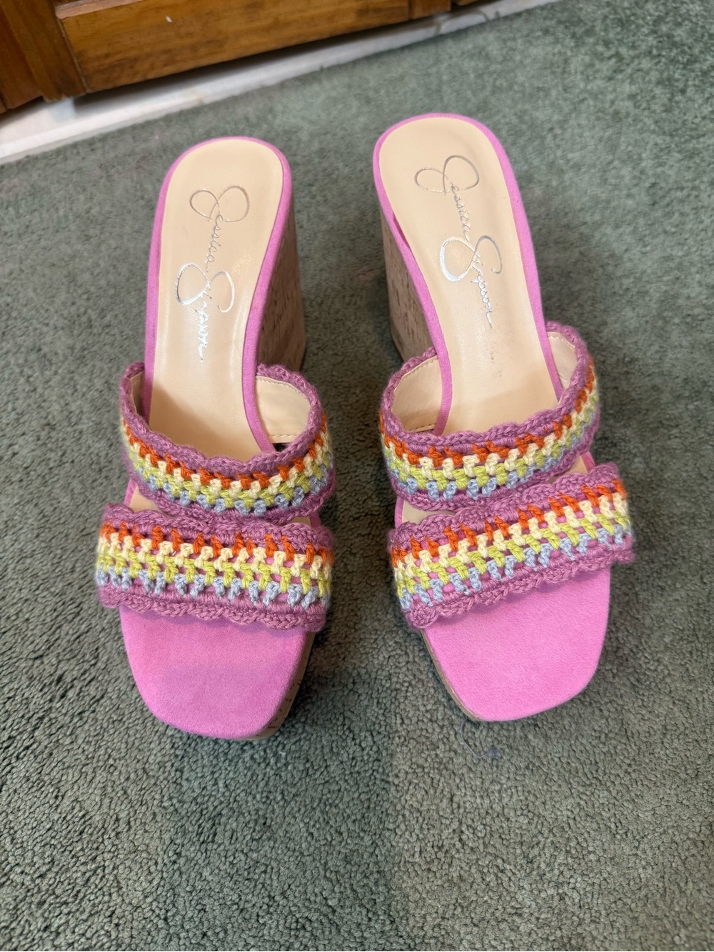 JESSICA SIMPSON LADIES  Pink Crochet Double-Strap Wedge Sandals 
BRAND NEW